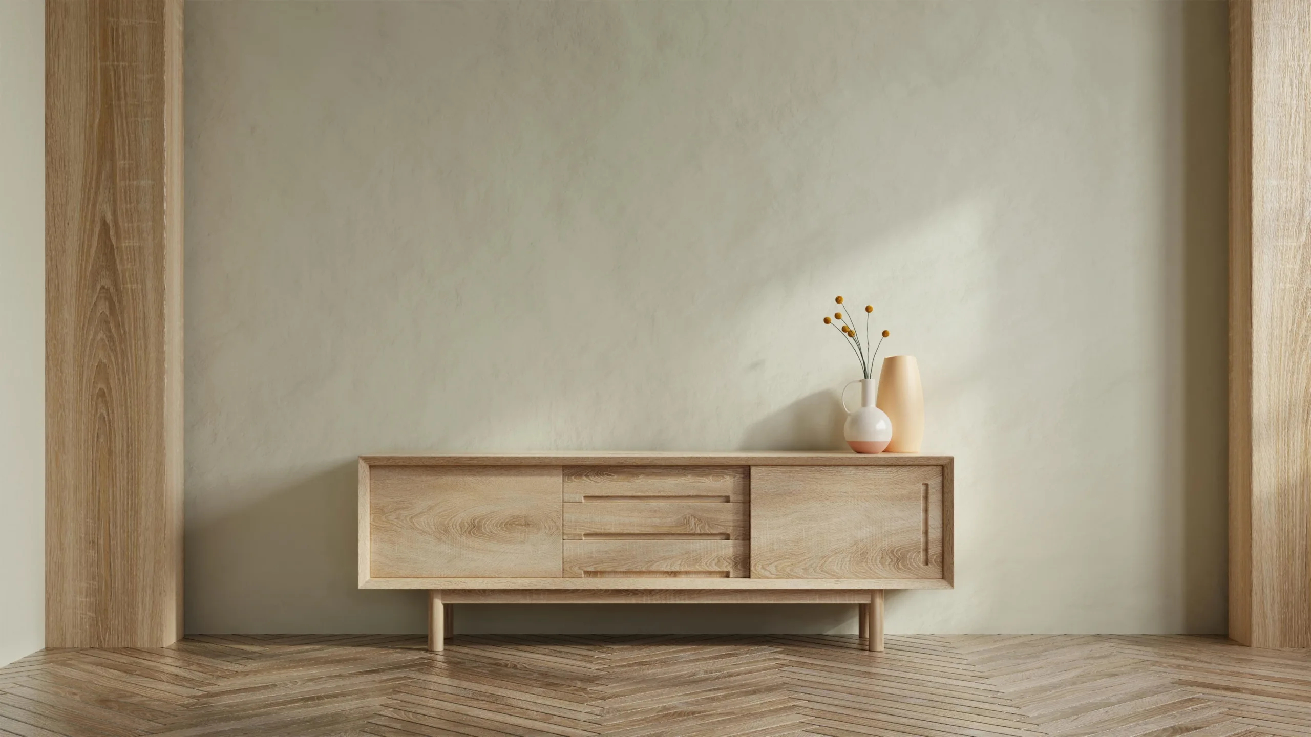 Simple minimal cabinet for tv interior wall mockup,3d rendering