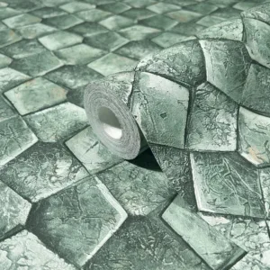 Stapel verschiedener DIN-A4-Tapetenmuster in Weiß-, Beige- und Pastelltönen liegen fächerförmig auf einem Holztisch, daneben ein kleiner Aufkleber mit der Aufschrift ‹1 €› und ein Smartphone, das die marburg Sample-Shop-Bestellseite zeigt.